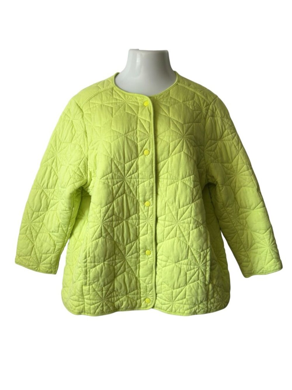 Lands End Womens XL Quilted Jacket Cotton Blend Snap Geometric Chartreuse Yellow - Picture 2 of 16